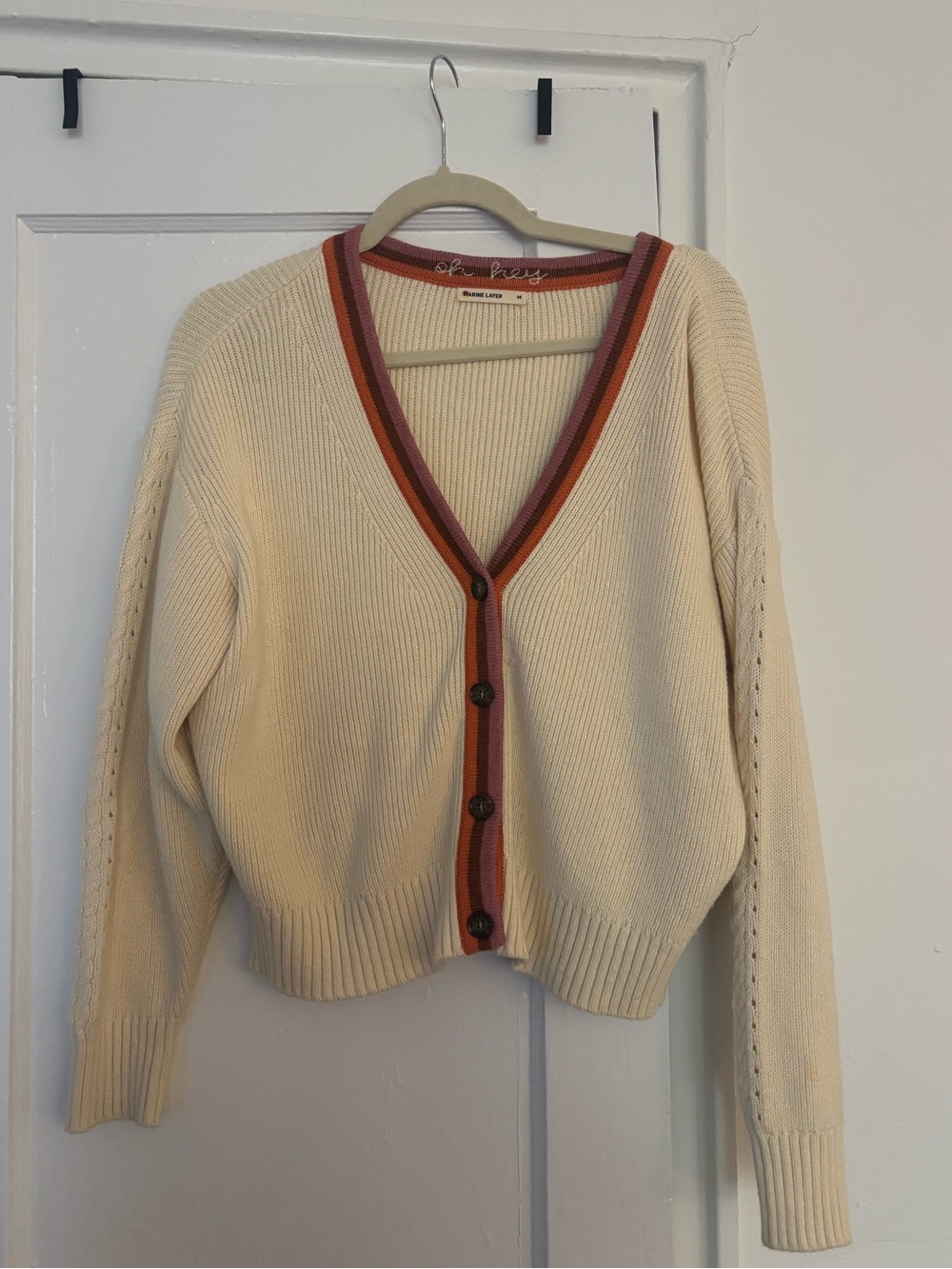 cream and striped cardigan / marine layer